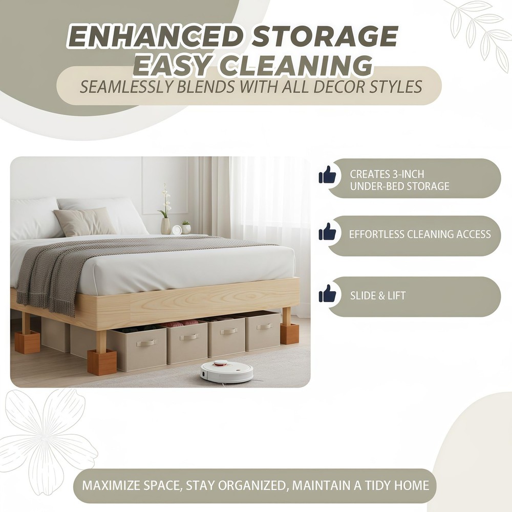 3 Inch Solid Pine Wood Furniture Risers 2000LBS Capacity ToolFree Install