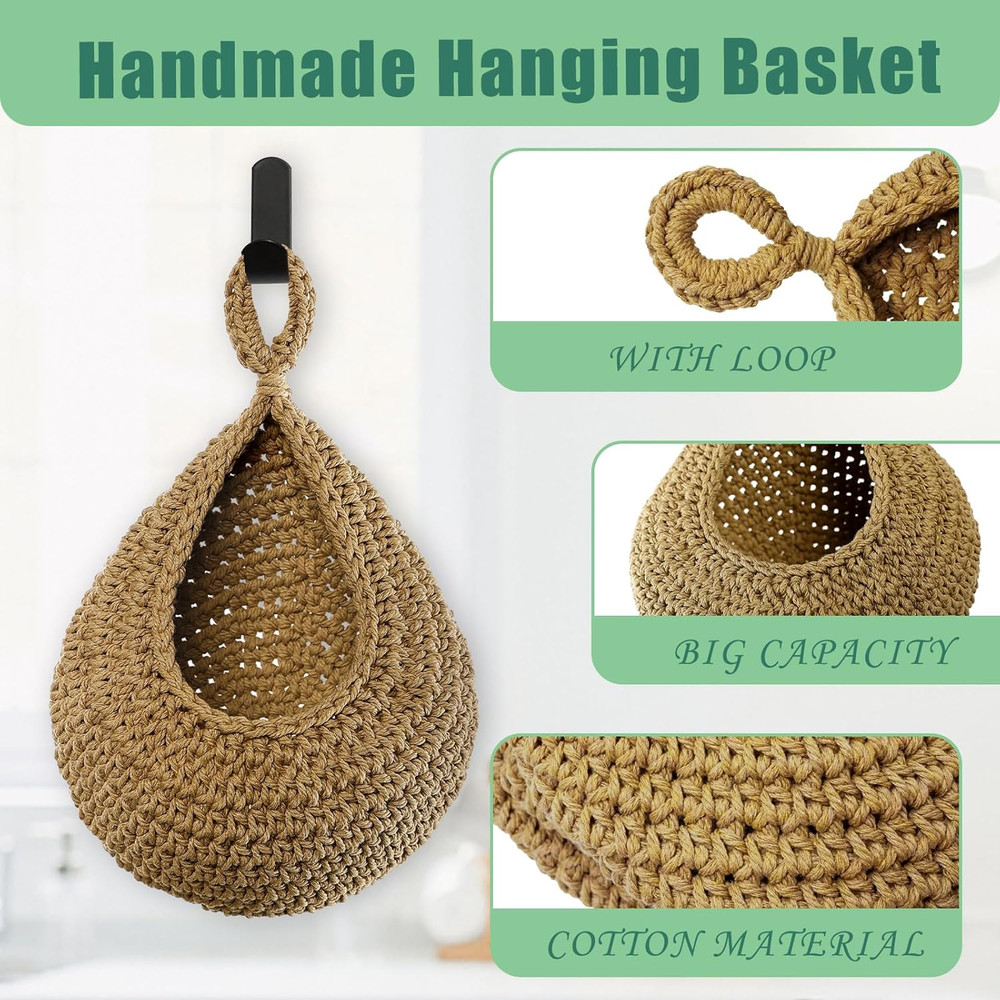 Hanging Fruit Baskets for Kitchen - Handwoven in 3 Sizes Boho Wall Hanging