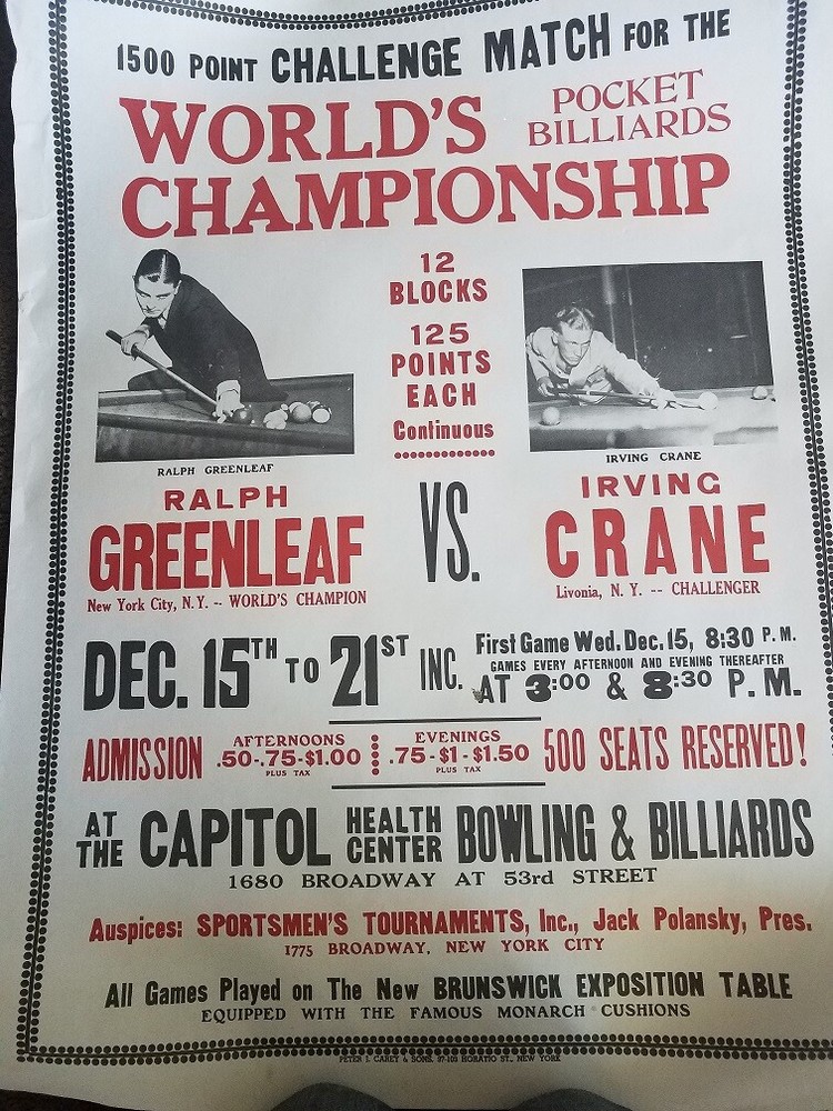 Ralph Greenleaf VS. Irving Crane Exhibition Poster