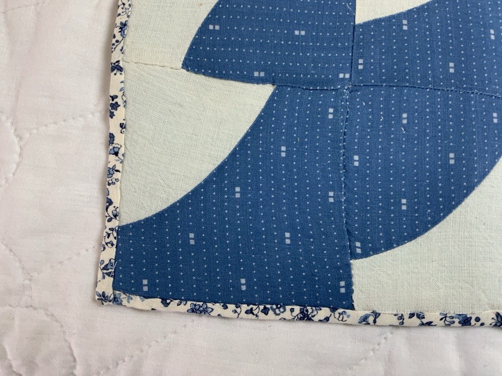 Antique Vintage Patchwork Quilt Table Topper, Drunkards Path, Blue & White