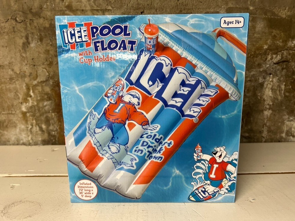 NEW ICEE POOL FLOAT Inflatable 72"x36" with Cup Holder Bear Logo