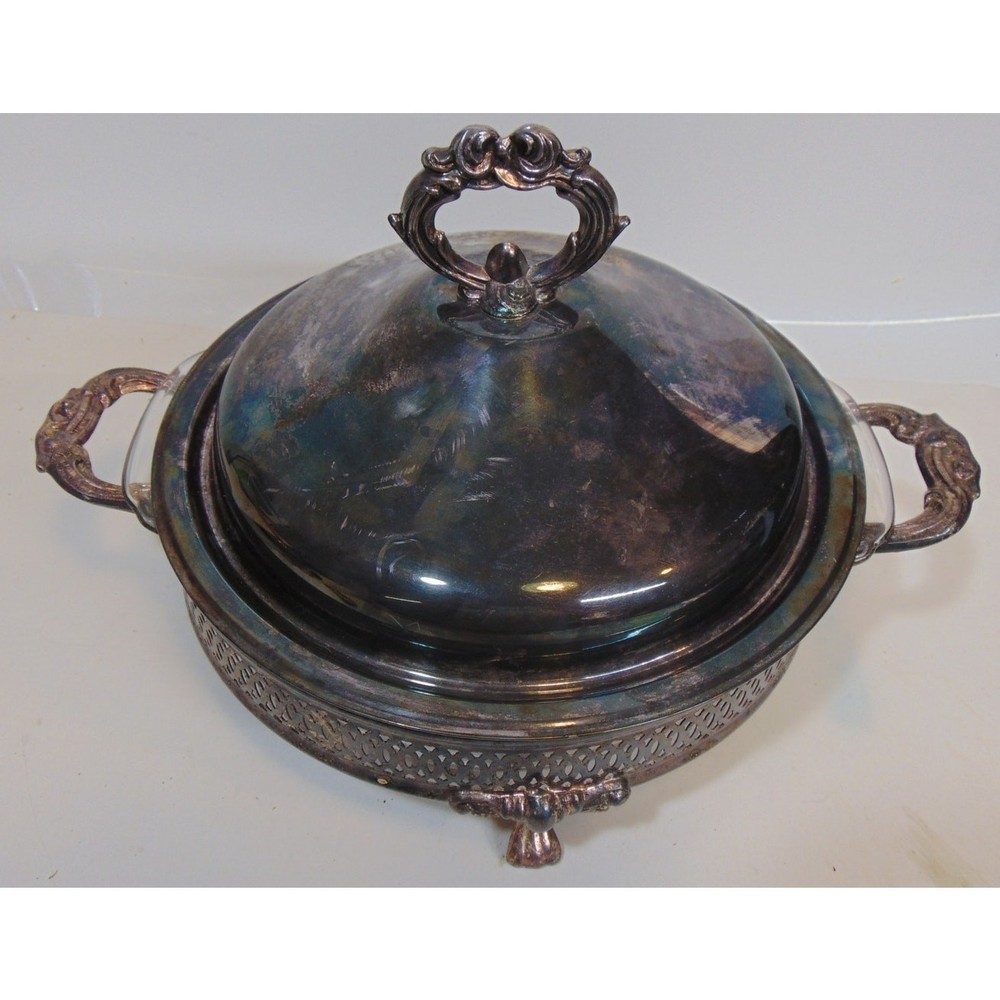 Casserole Dish Vintage Silver Plate Covered Footed 9" Glass Fancy Buffet Elegant