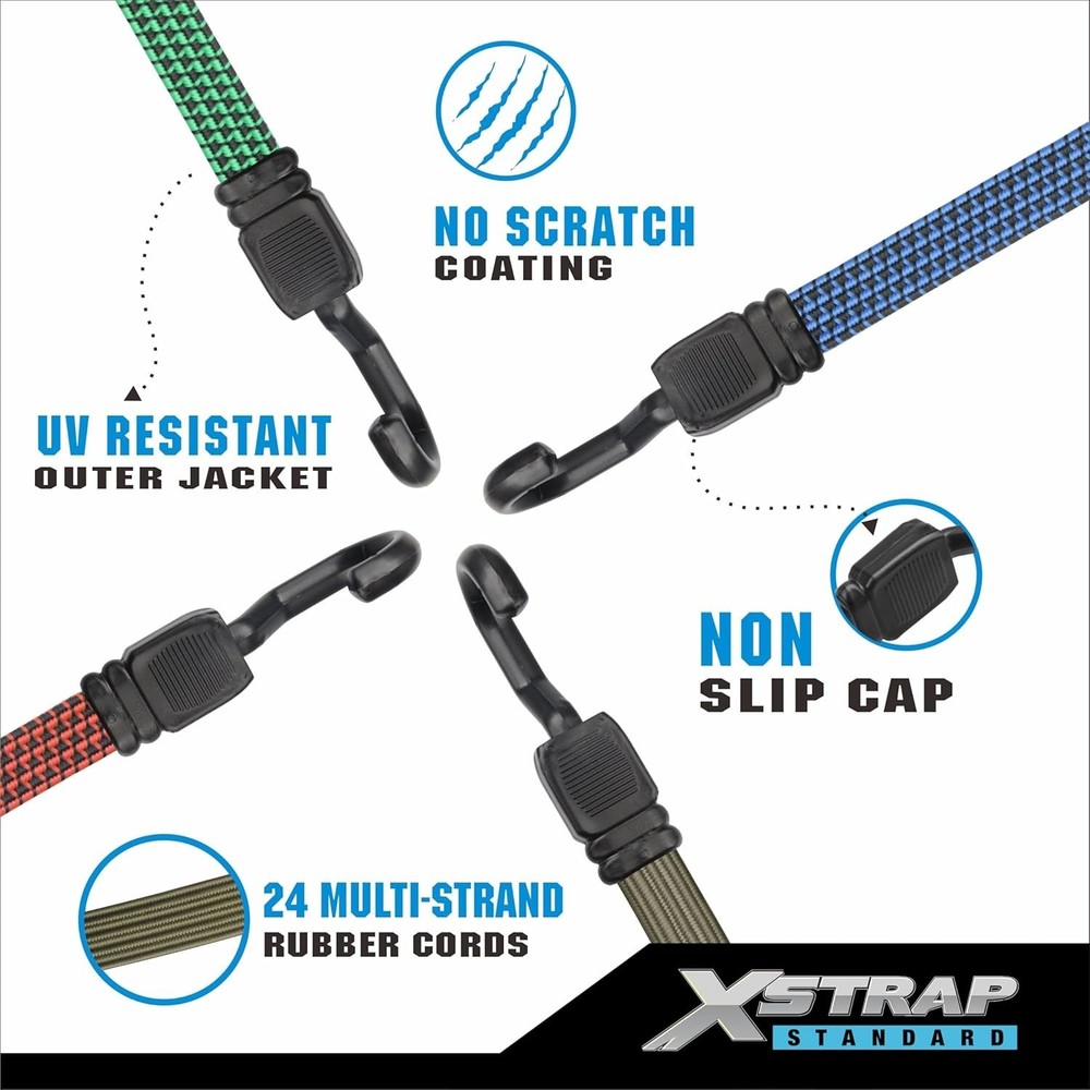 8-Pack Flat Bungee Cords with Hooks (18",24",32",40") - Elastic Stretch Strap...