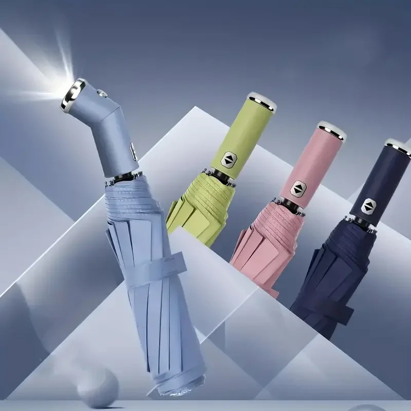 fully automatic three fold umbrella, rotatable LED flashlight, business