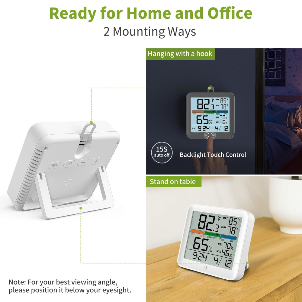 Accurate Indoor Thermometer & Hygrometer with Backlight, Time & Date Display