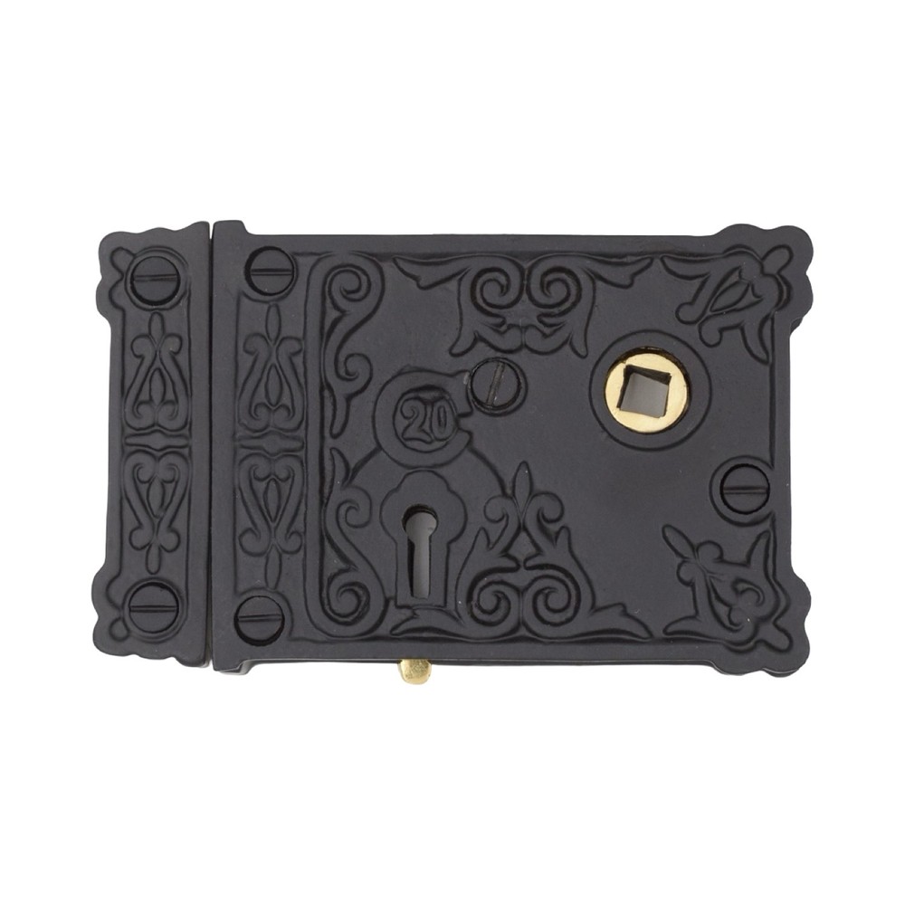 Rectangular Rim Lock Cast Iron Victorian Box Decorative w White Porcelain Knobs