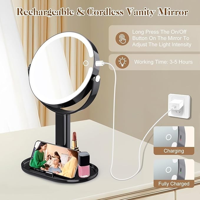 8" Rechargeable Double-Sided Lighted Vanity Mirror (White)