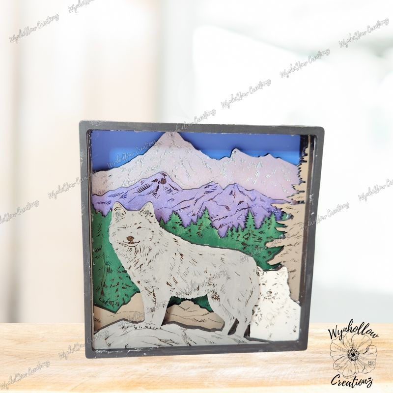 Wolf With Mountain Scene Wood Layer