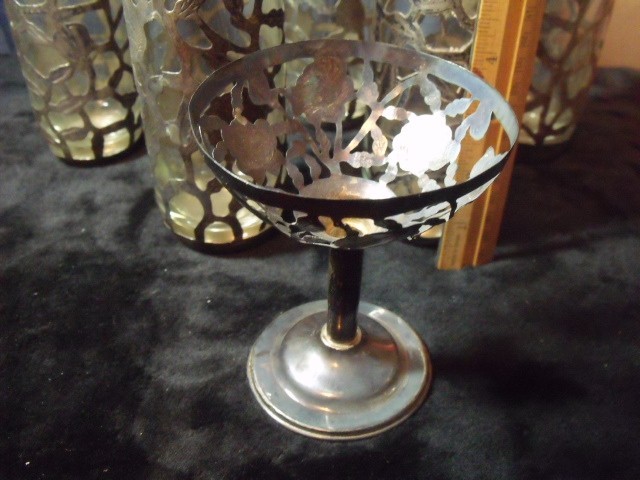 5 Vtg Mexican Filigree Tumbler Glass Sterling Silver Openwork Rose Pattern 7"