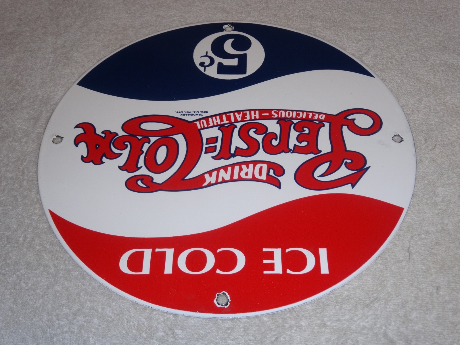 VINTAGE DRINK PEPSI COLA 5 CENTS! 11 3/4" PORCELAIN METAL SODA GASOLINE OIL SIGN