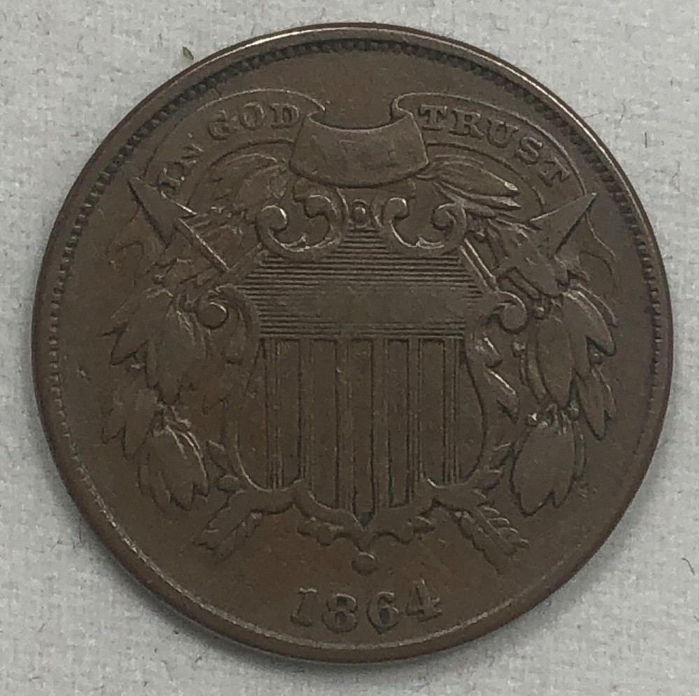 1864 Two Cent Shield. .02. Small Motto. Very Fine. Scarce.