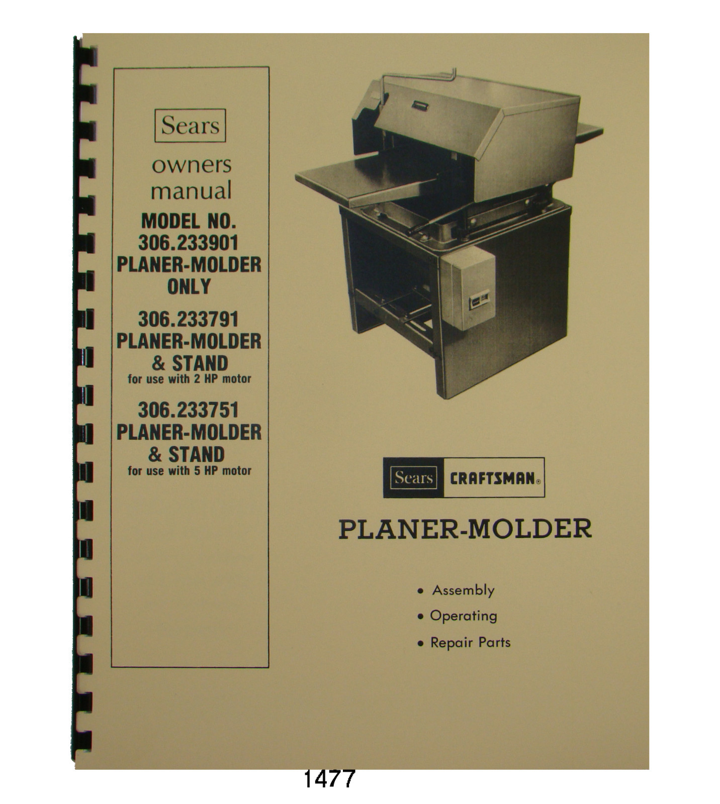Sears Craftsman Planer Molder 306.233901,306.233791,306.233751 Owner Manual 1477
