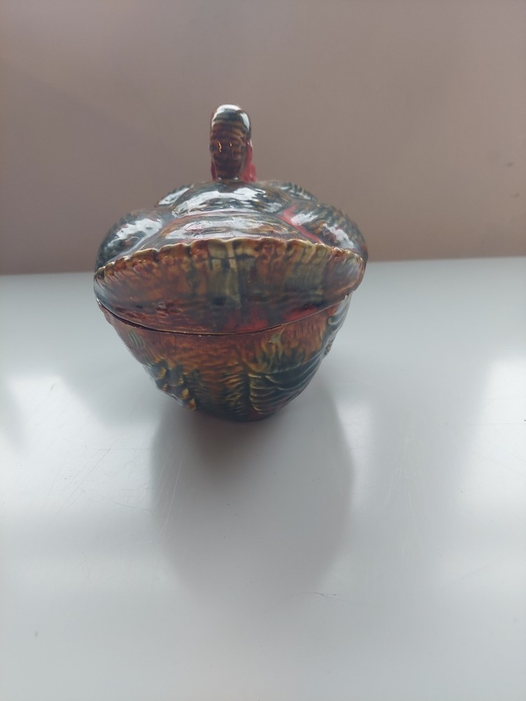 Vtg Ceramic Turkey Covered Candy Dish Signed Hand Painted