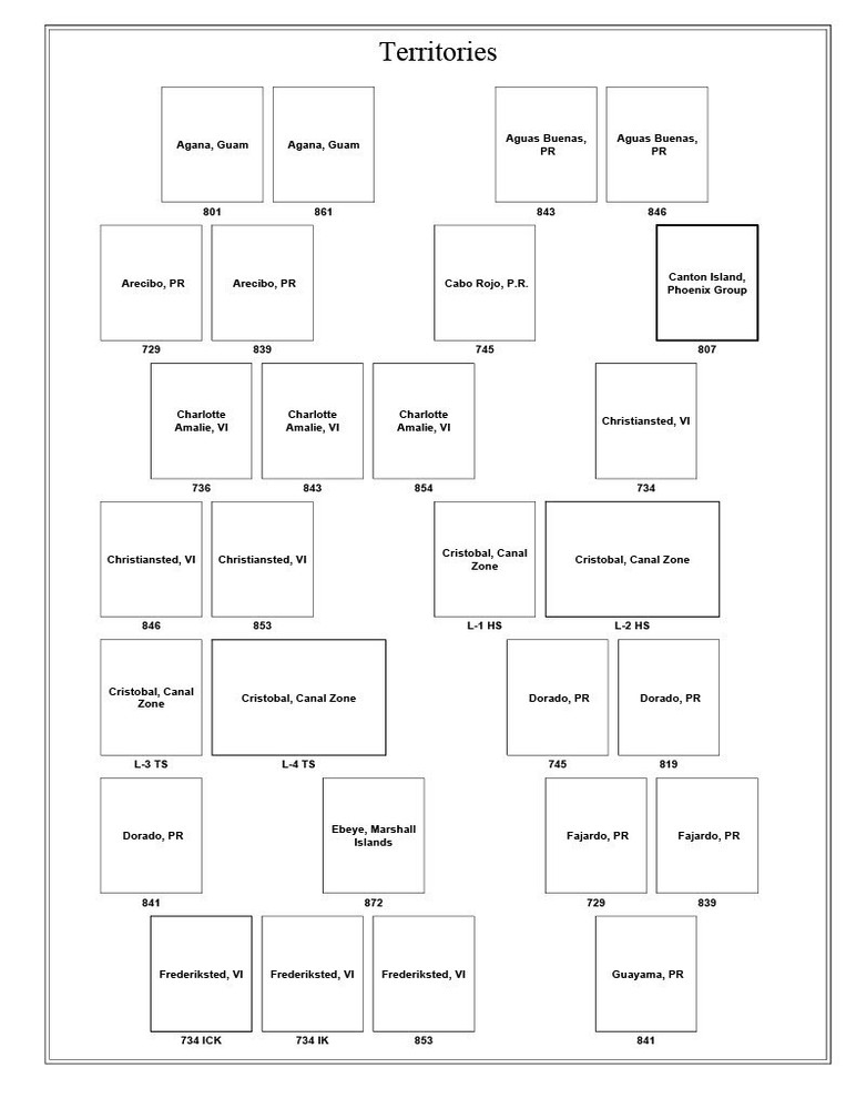 Territories by Town Precancel Town & Type 3 Pages in Sheet Protectors