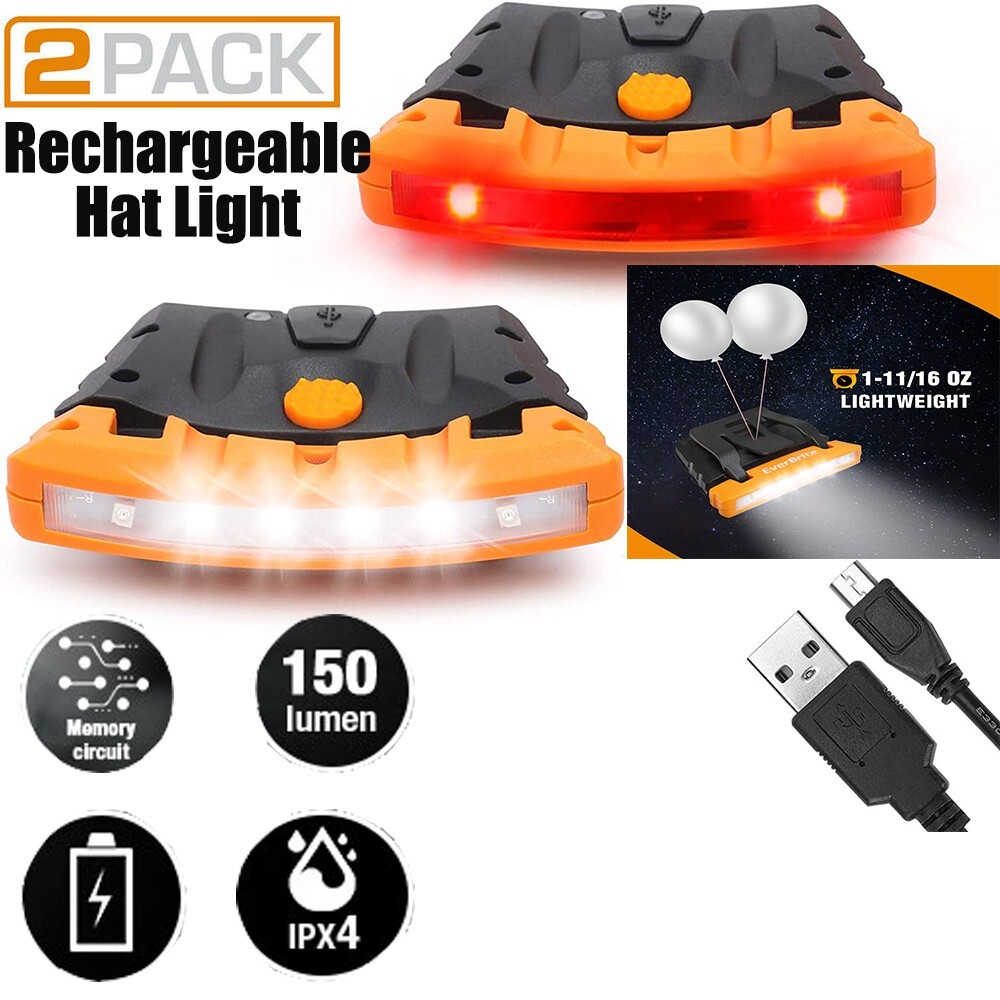EverBrite 2-Pack Rechargeable Hat Light, IPX4 Waterproof Clip w/Memory Function