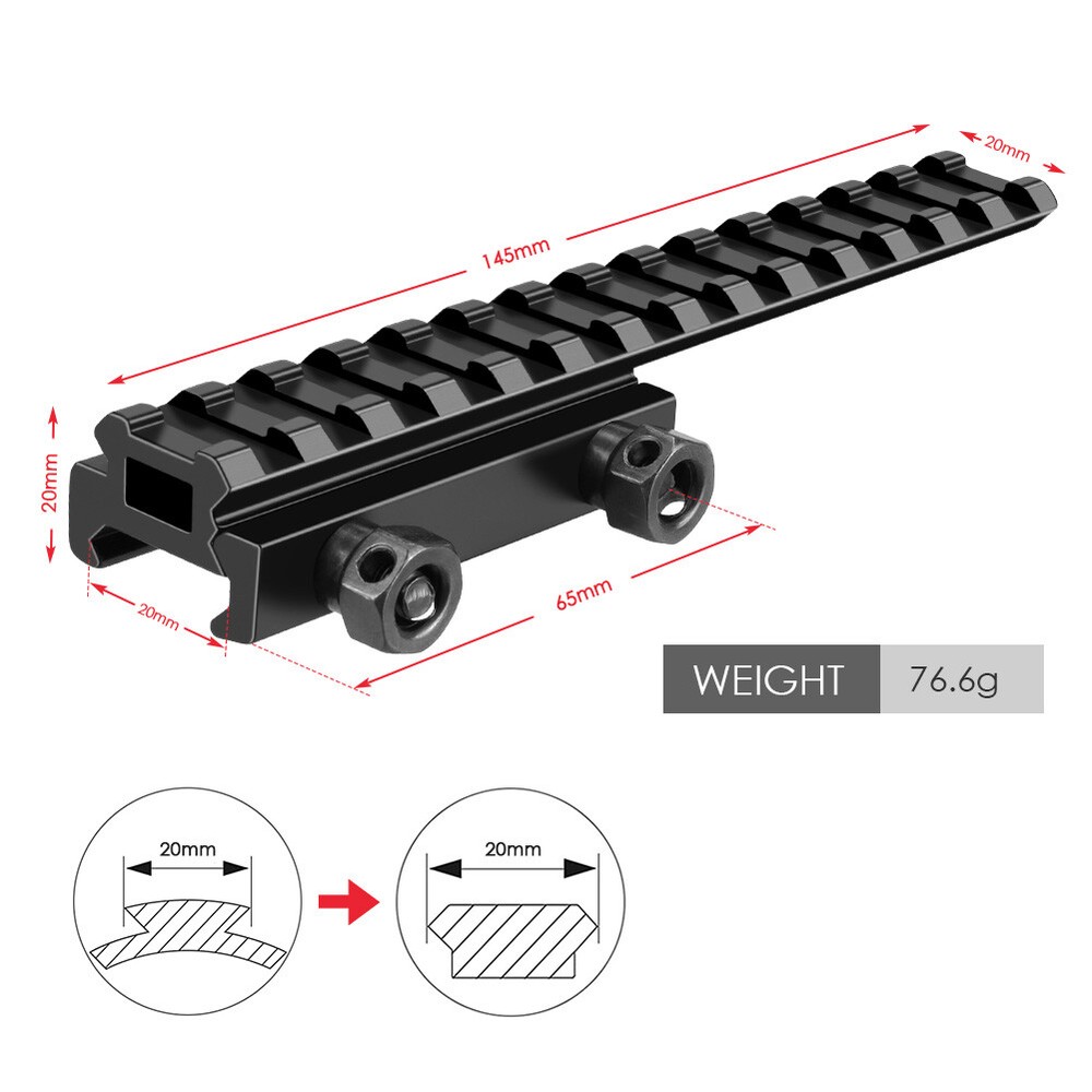 20mm to 20mm Riser Mount Picatinny Weaver Rail Scope Extension Riser Base Mount