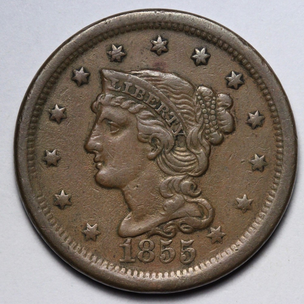 1855 Braided Hair Large Cent AU E177 UAKNM
