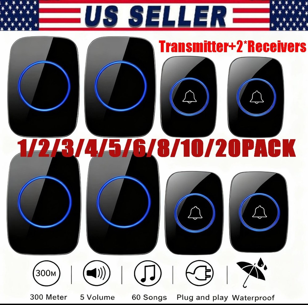 Waterproof Wireless Doorbell Adjustable Volume 1000FT Plugin Receiver 38 Chime