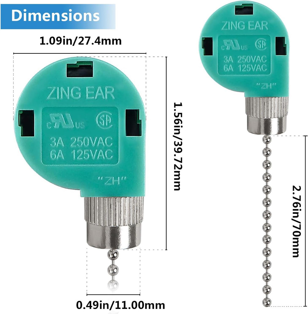 Ceiling Fan Switch, 4 Wire Zing Ear ZE-268S6 Pull Chain Switch Replacement 3 Spe