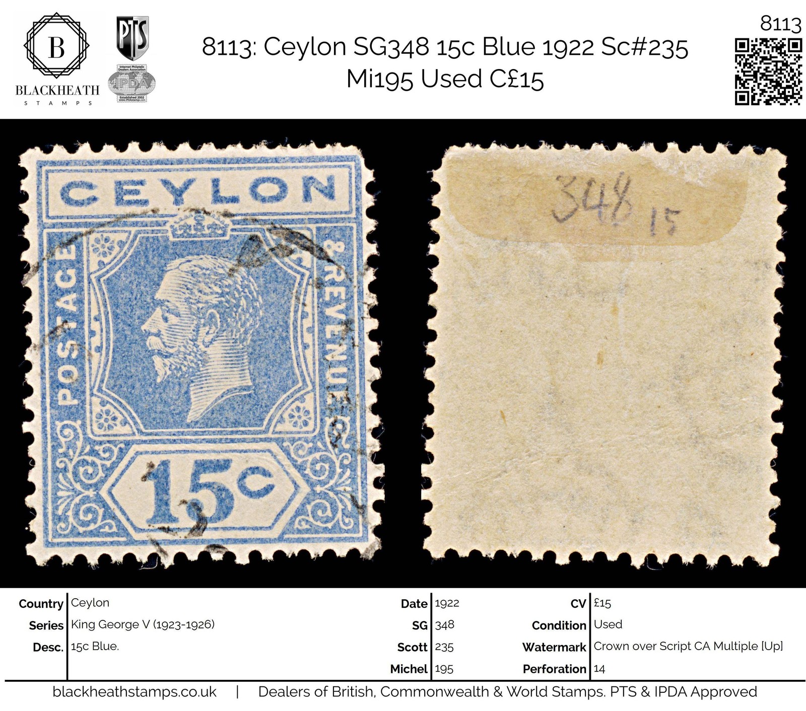 8113: Ceylon SG348 15c Blue 1922 Sc#235 Mi195 Used C£15