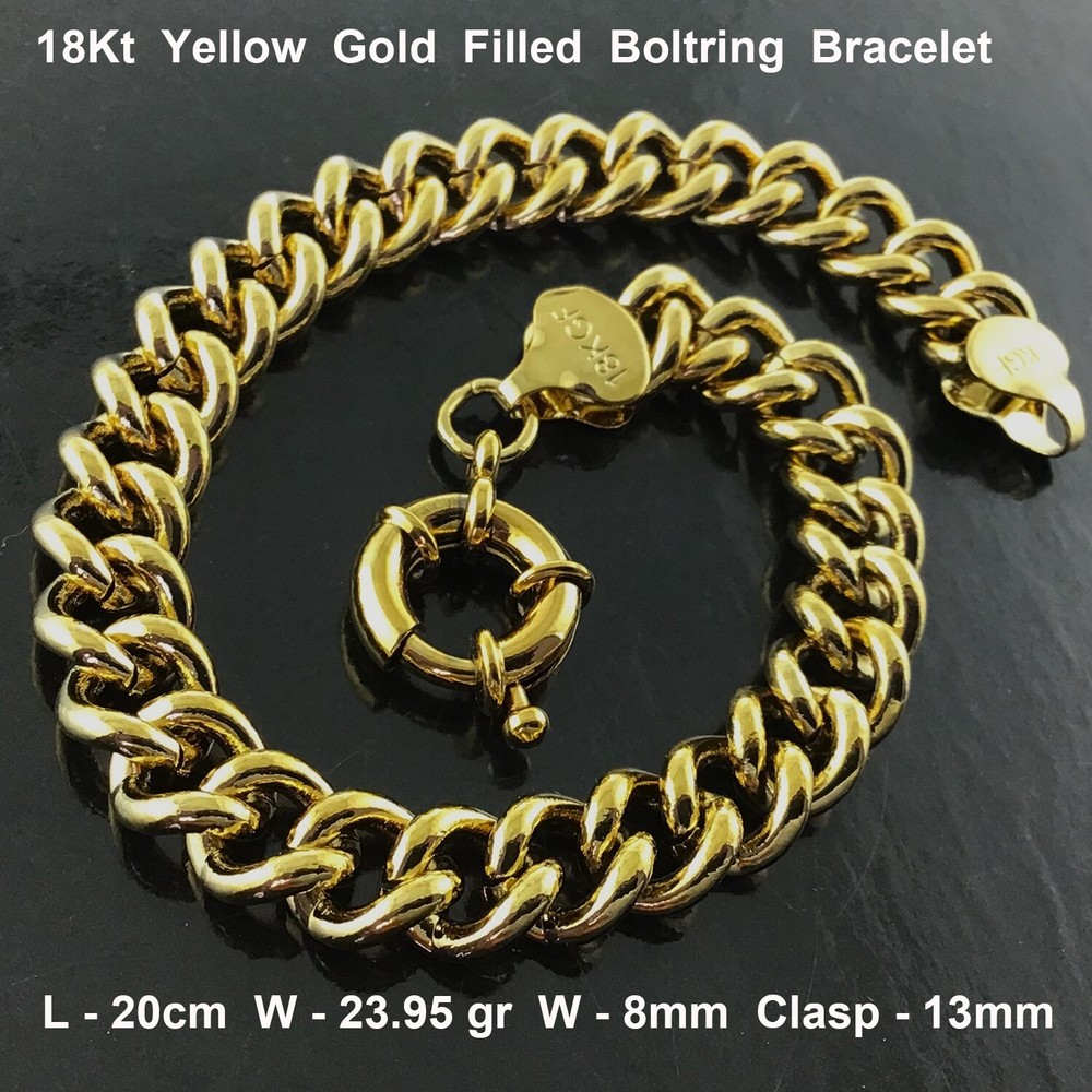 Gold Bracelet Real Yellow 18Kt Filled Solid Boltring Curb Link Bangle 20cm