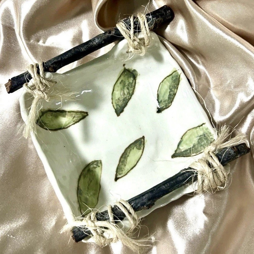Handmade Studio Pottery Tray Rustic Leaf Design Ceramic Trinket Dish