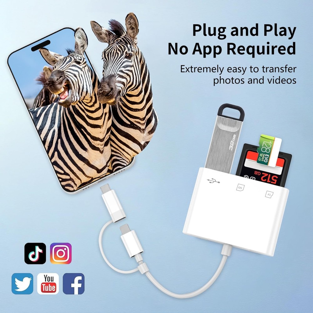 SD Card Reader for iPhone, 3 Slots USB-C Dual Connectors 3-slots, White