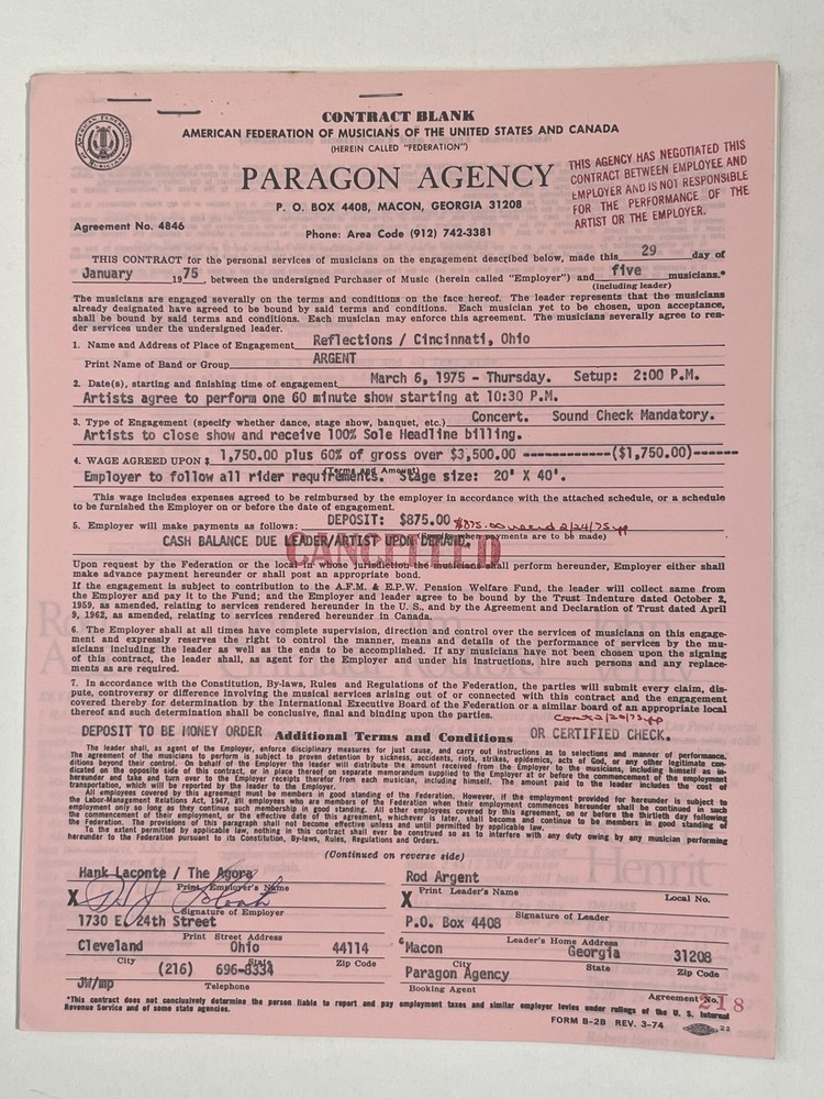 Argent Cancelled Concert Contract 1975 Cincinnati OH