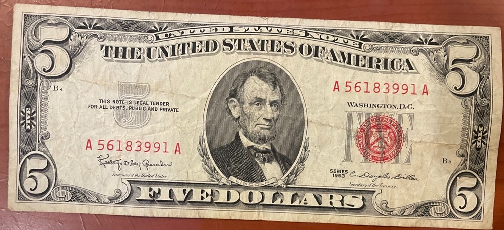 FIVE!~~~1963 Red Seal $2 Dollar Bills Circulated