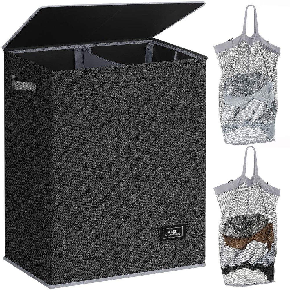 Double Laundry Hamper with Lid, 130L Clothes Hamper 2 Section, Laundry Basket...