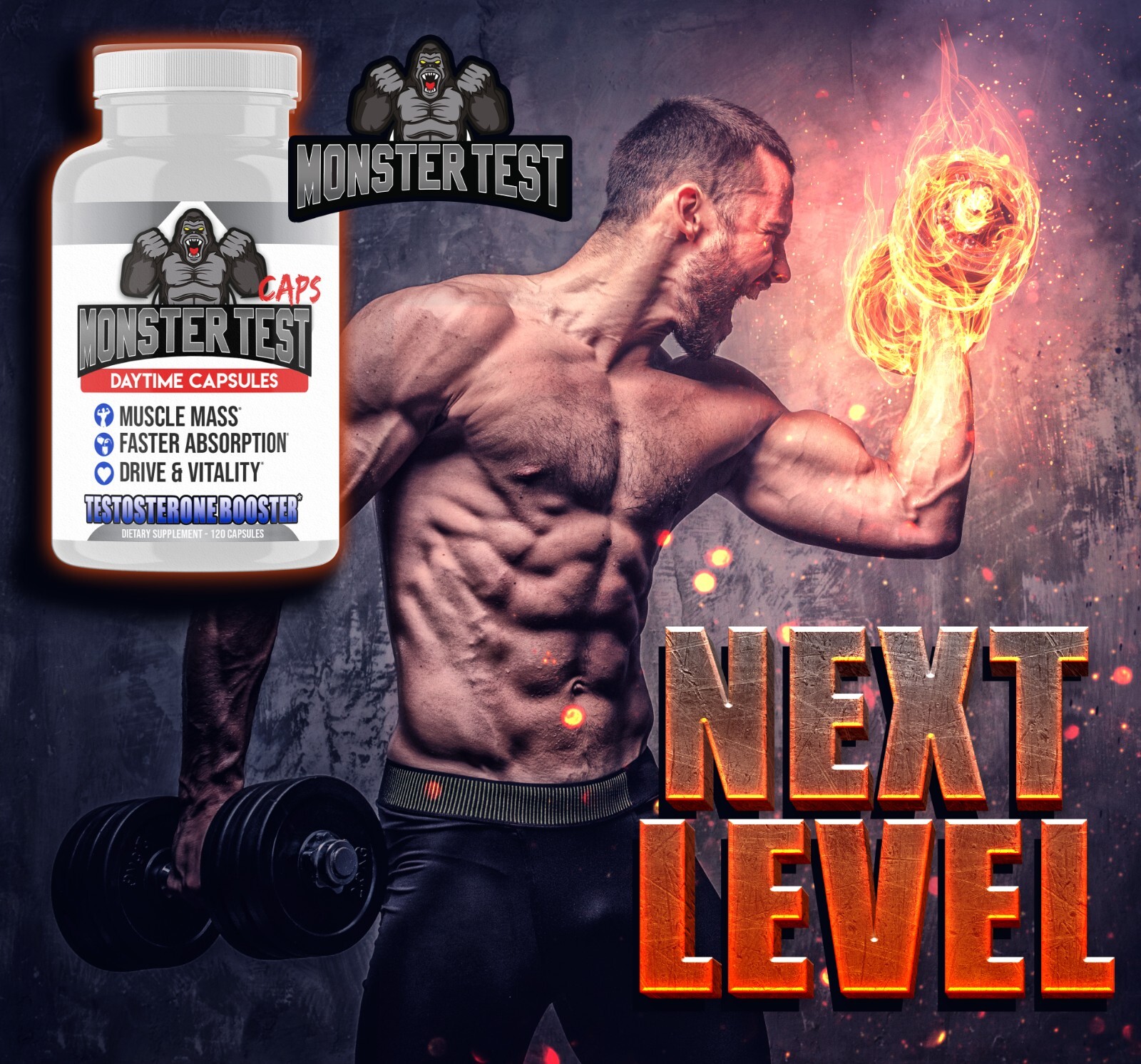 #1 Testosterone Booster Monster Test Caps, T Boost 120 Capsules Male Enhancement