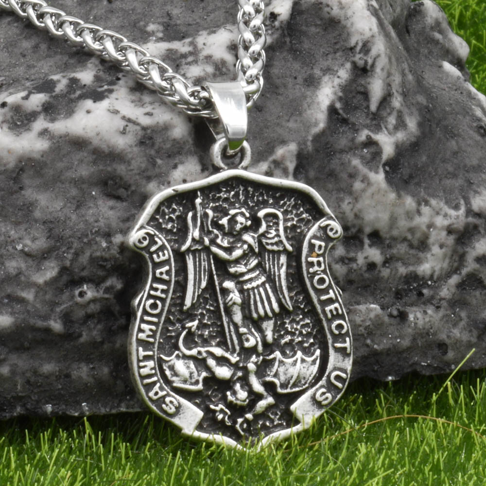 Archangel Saint St Michael Protect Us Medal Shield Pendant Necklace w 20" Chain
