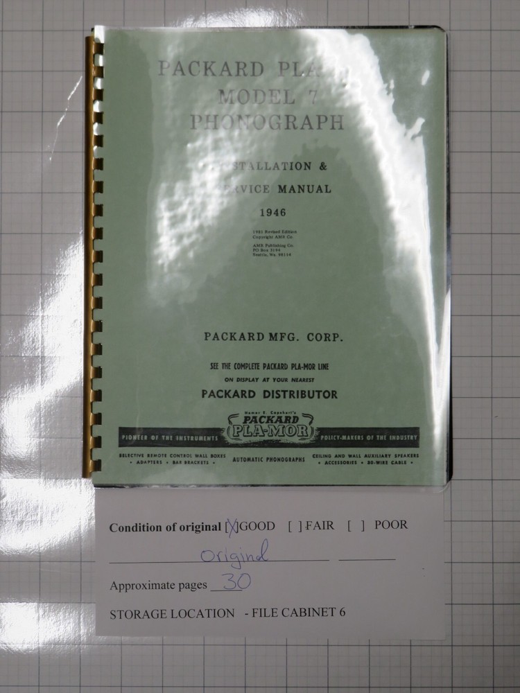 Packard Pla-Mor Model 7 Phonograph Manual - You Select Option - 30 pgs