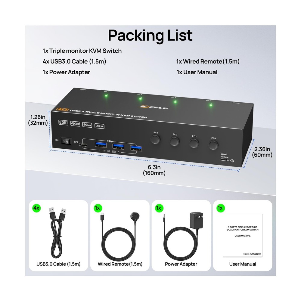 KVM Switch 3 Monitors 4 Computers 4K@60Hz,EDID Simulation,USB 3.0 HDMI Displa...