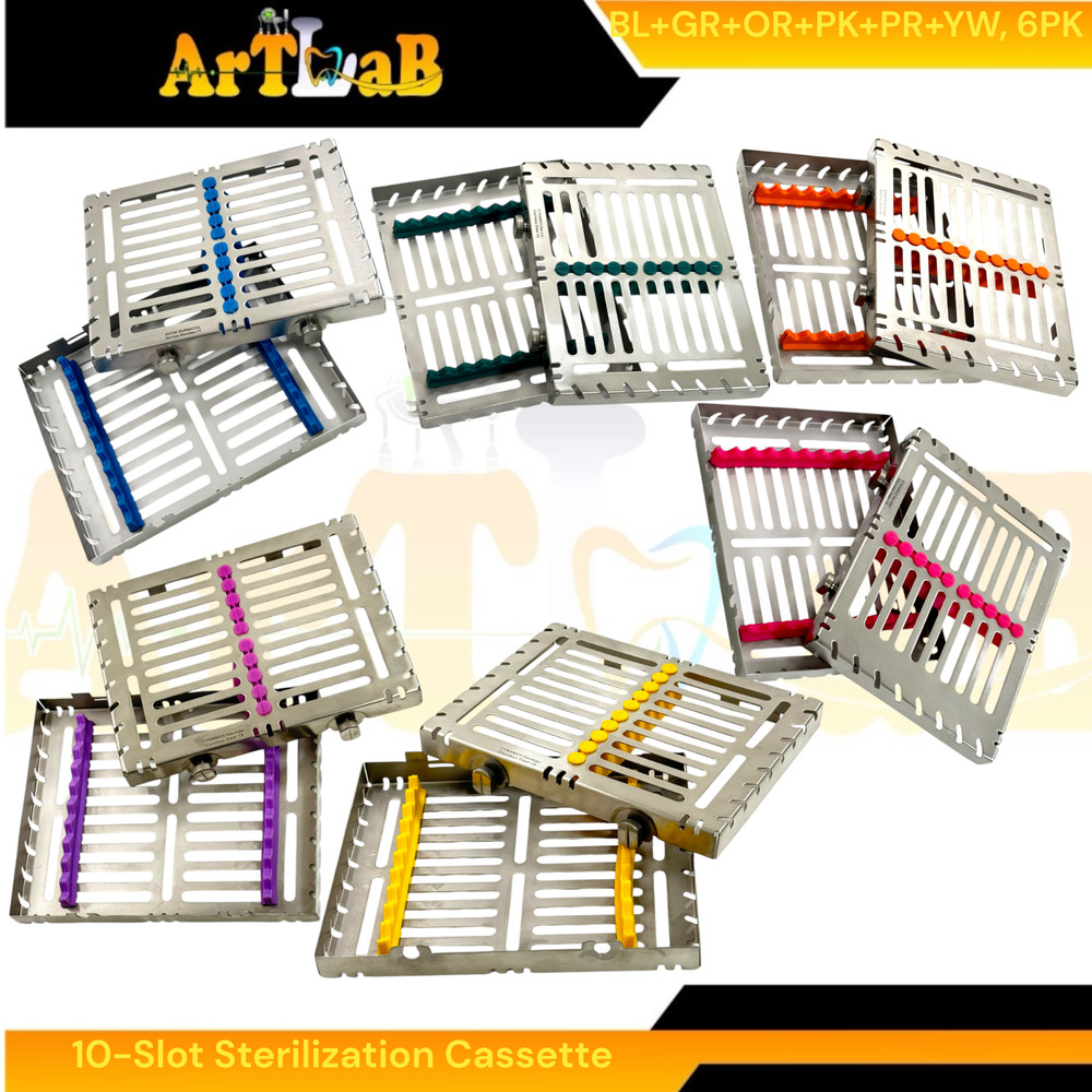 6 Count - Sterilization Cassettes for 10 Instruments, Detachable, 2-Button Lock