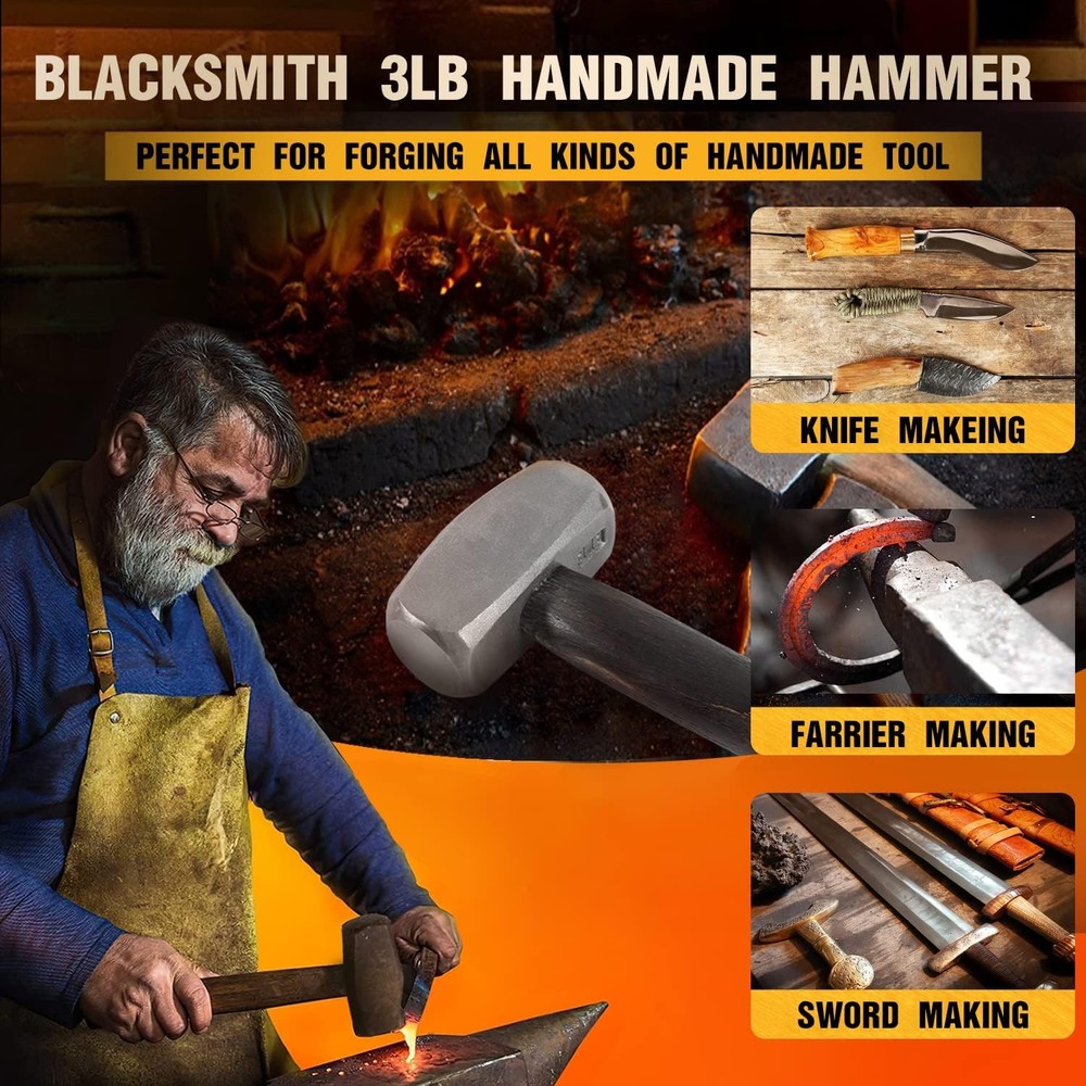 3lb Blacksmith Hammer for Farrier, Knife Maker, Blacksmith Forging Tool