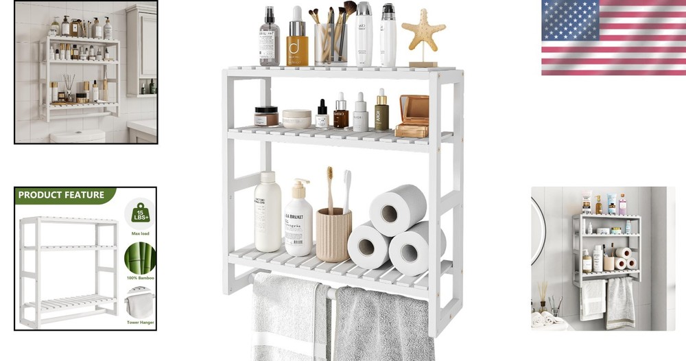 Adjustable Wall-Mounted Bamboo Shelf for Bathroom - 3 Tier Storage Solution