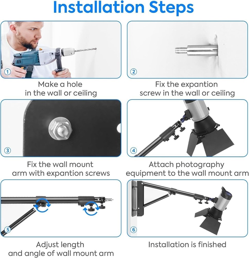 Wall Mount Boom Arm, 51inch/130cm Adjustable Triangle Wall Mounted Support
