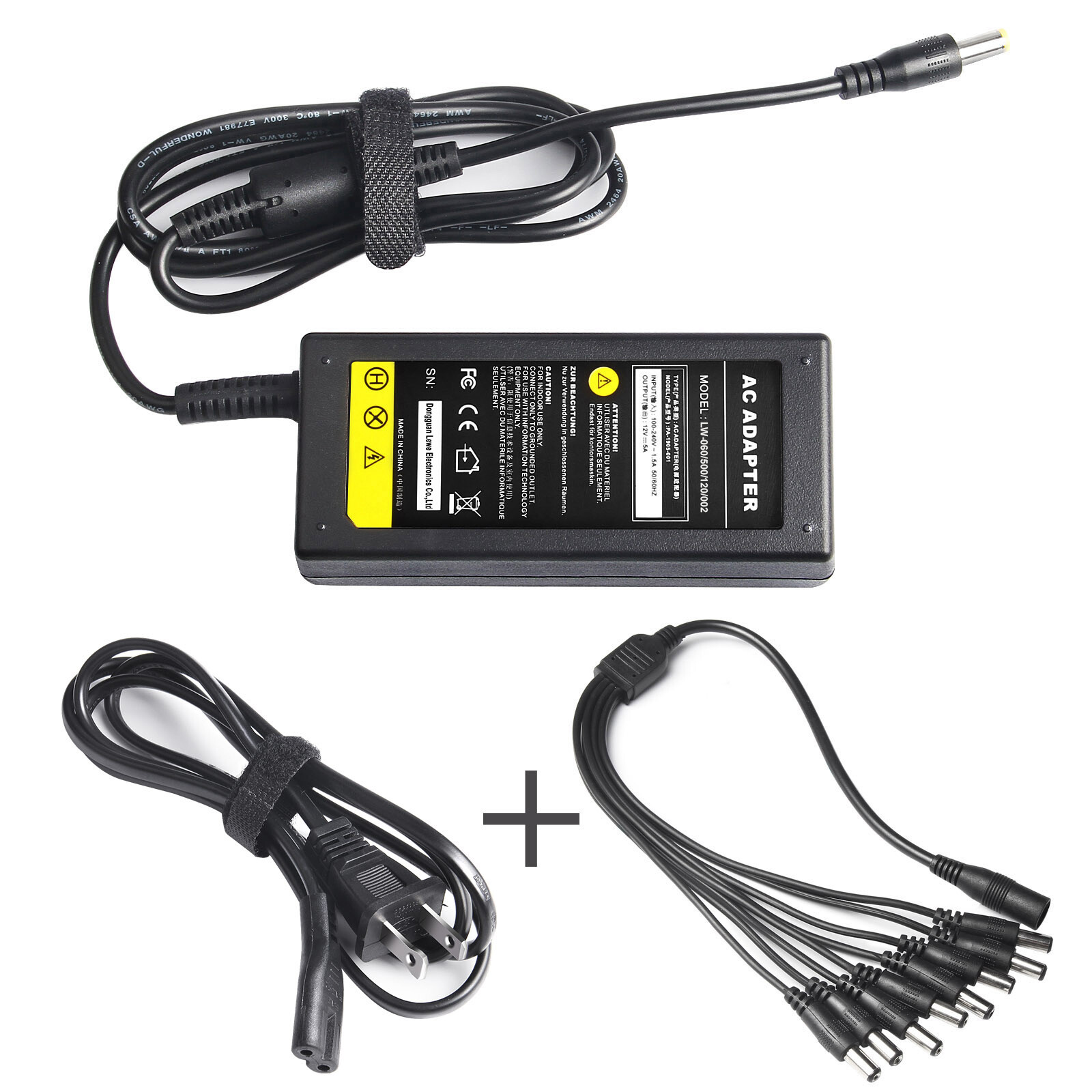 DVR 8 Split Power Cable +DC 12V 5A Power Supply Adapter for CCTV Security Camera
