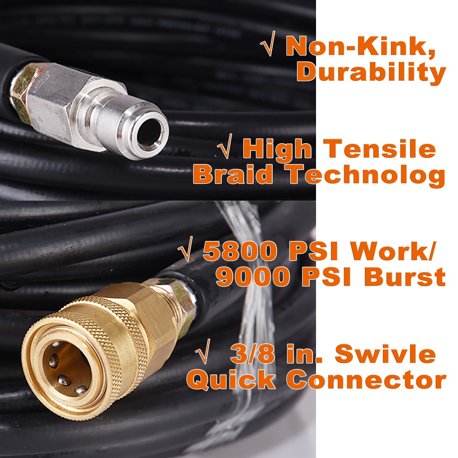 100FT 5800PSI Replacement High Pressure Power Washer Hose -3/8" Quick Connect