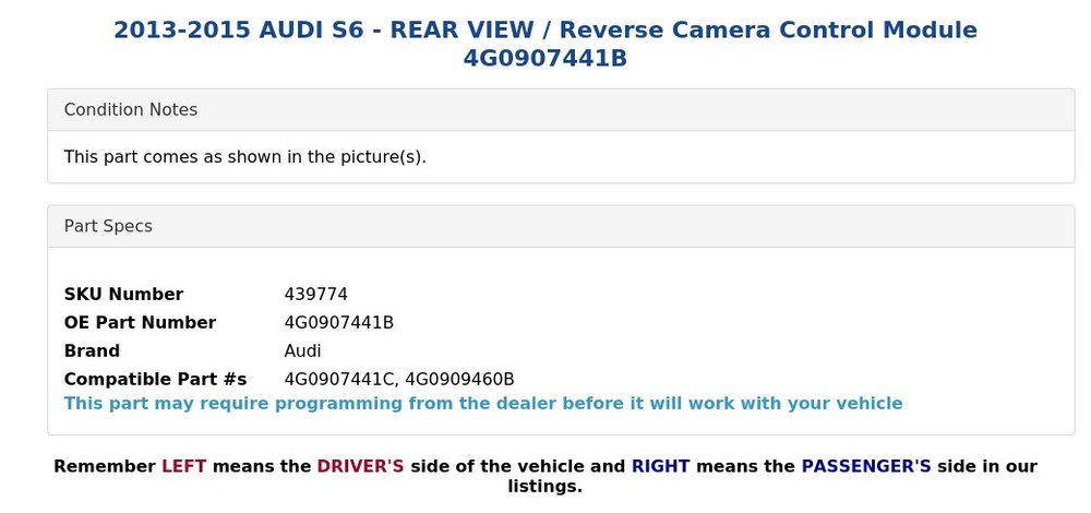 2013-2015 AUDI S6 - REAR VIEW / Reverse Camera Control Module 4G0907441B