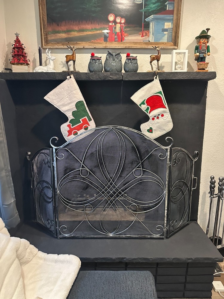3-Panel 55x33 Solid Wrought Iron See-Through Metal Fireplace Screen (Pewter)