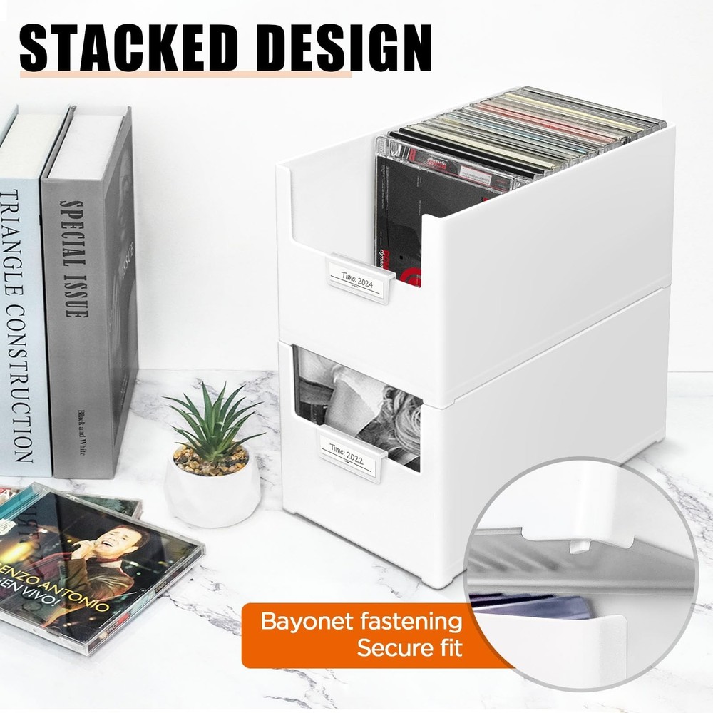 tutata CD Storage Box, Stackable Plastic CD Organizer, Hold Up to 25 CDs, CD ...