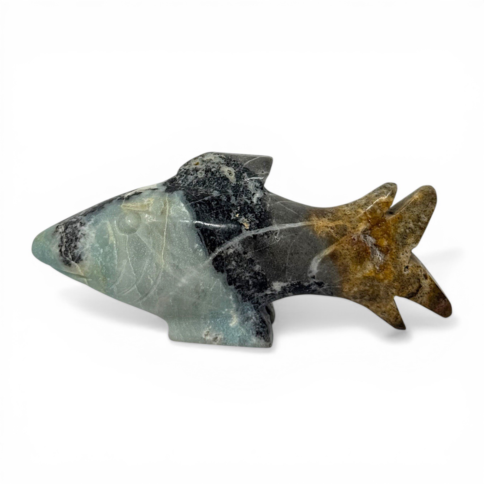 Caribbean Calcite Stone Shark Sculpture Carved Crystal Art Decor 450grams