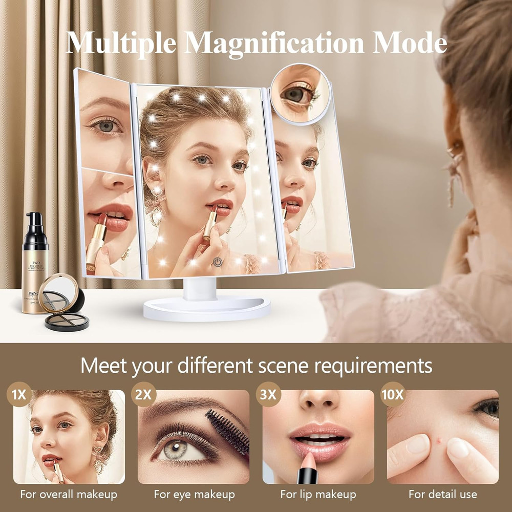 Makeup Mirror, Vanity Mirror with Lights, 2X/3X/10X Magnification, Touch Control