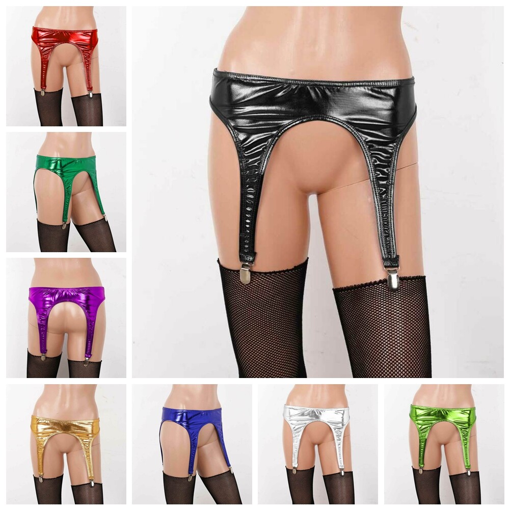 US Lady Shiny Metallic Garter Belt 4 Straps Duck-Mouth Clips Thigh High Stocking
