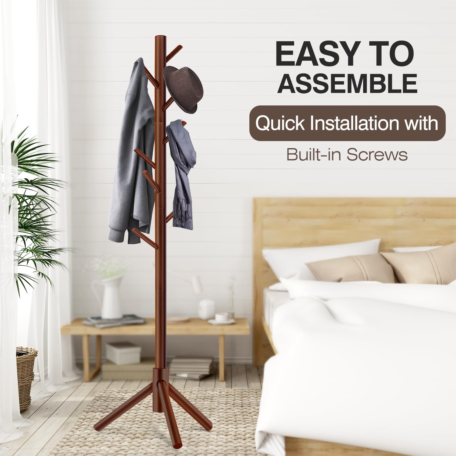 Freestanding Coat Rack 8 Hooks Adjustable Tree Stand for Hats Coats Scarves
