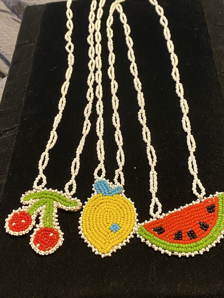 Three seed bead on leather fruit image necklaces