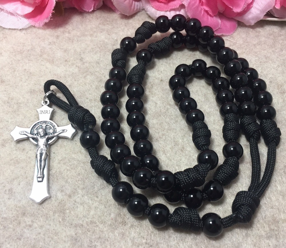 Black Beads Rosary, St. Benedict Crucifix, Durable Rosary- Handmade