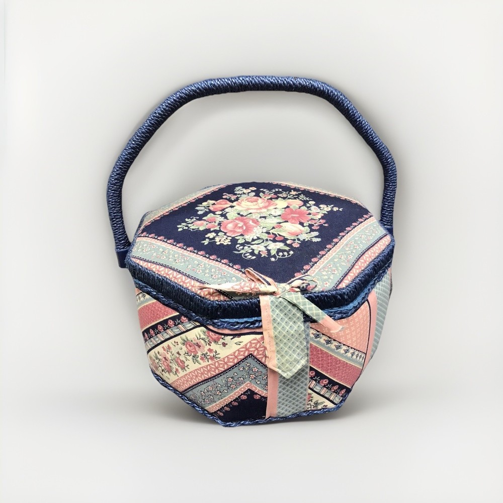 Vintage 1980’s Era Sewing Basket With Blue Patchwork Outside - Solid Blue Insi